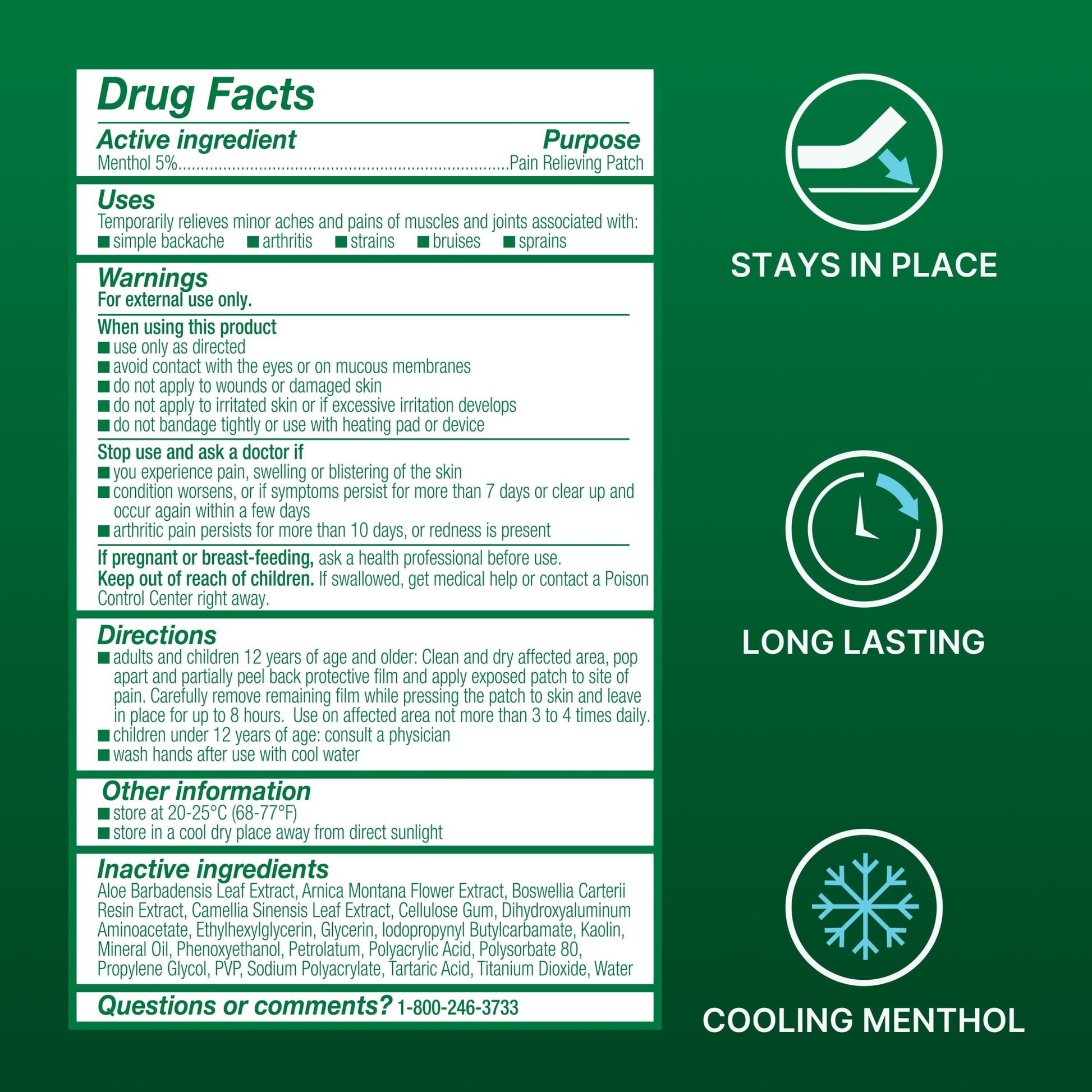 Pain Relief Patches, Back Knee Muscle Joint and Arthritis Pain Relievers, Menthol, 5 Count