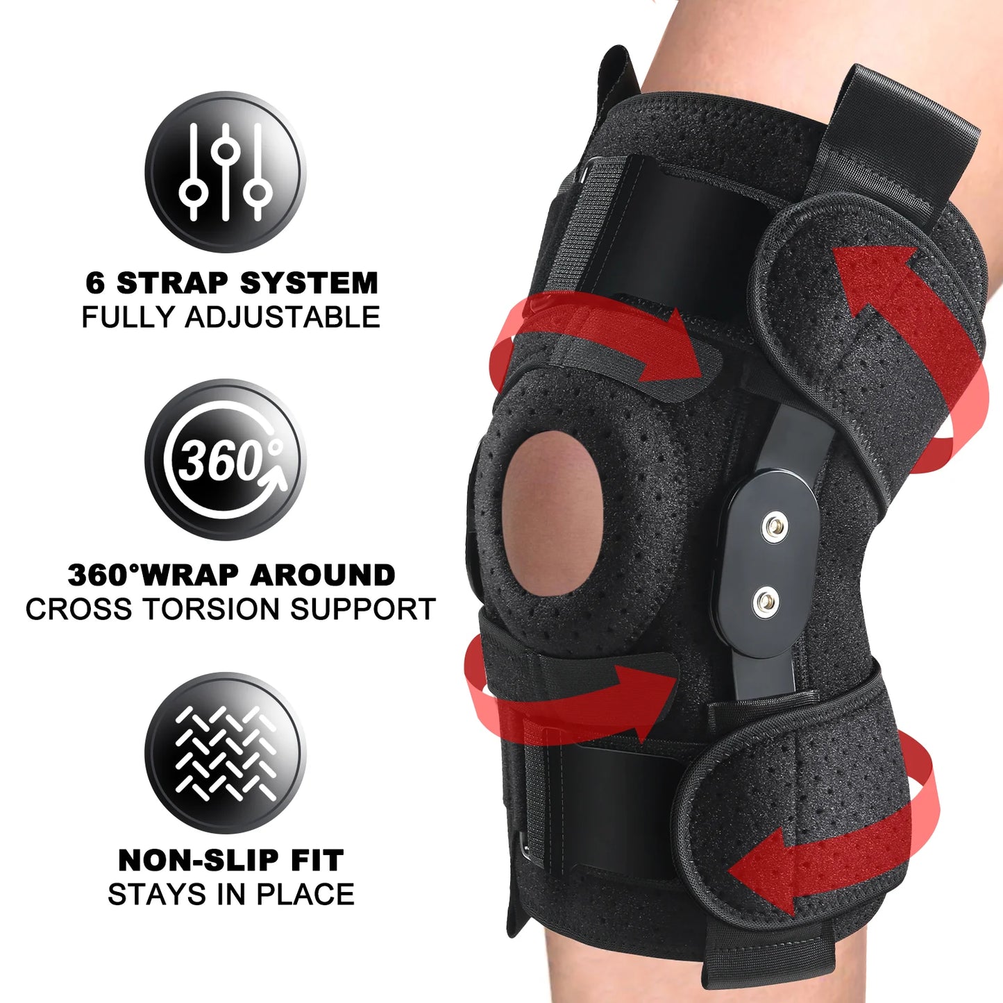 Hinged Knee Brace with Side Stabilizers Adjustable Knee Compression Sleeve Relieves Meniscus Tear,Acl,Mcl,Knee Support and Knee Pain Relief,Men & Women - Black One Size Fits Most