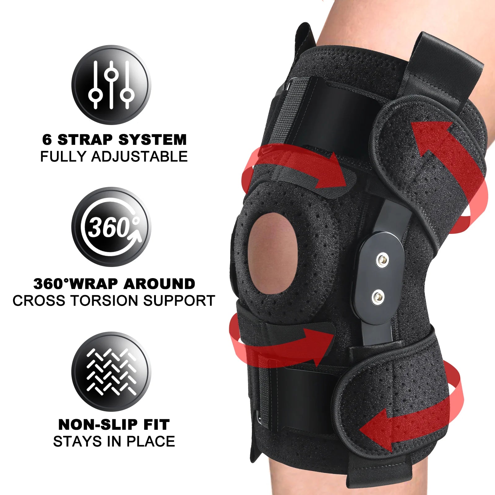 Hinged Knee Brace with Side Stabilizers Adjustable Knee Compression Sleeve Relieves Meniscus Tear,Acl,Mcl,Knee Support and Knee Pain Relief,Men & Women - Black One Size Fits Most