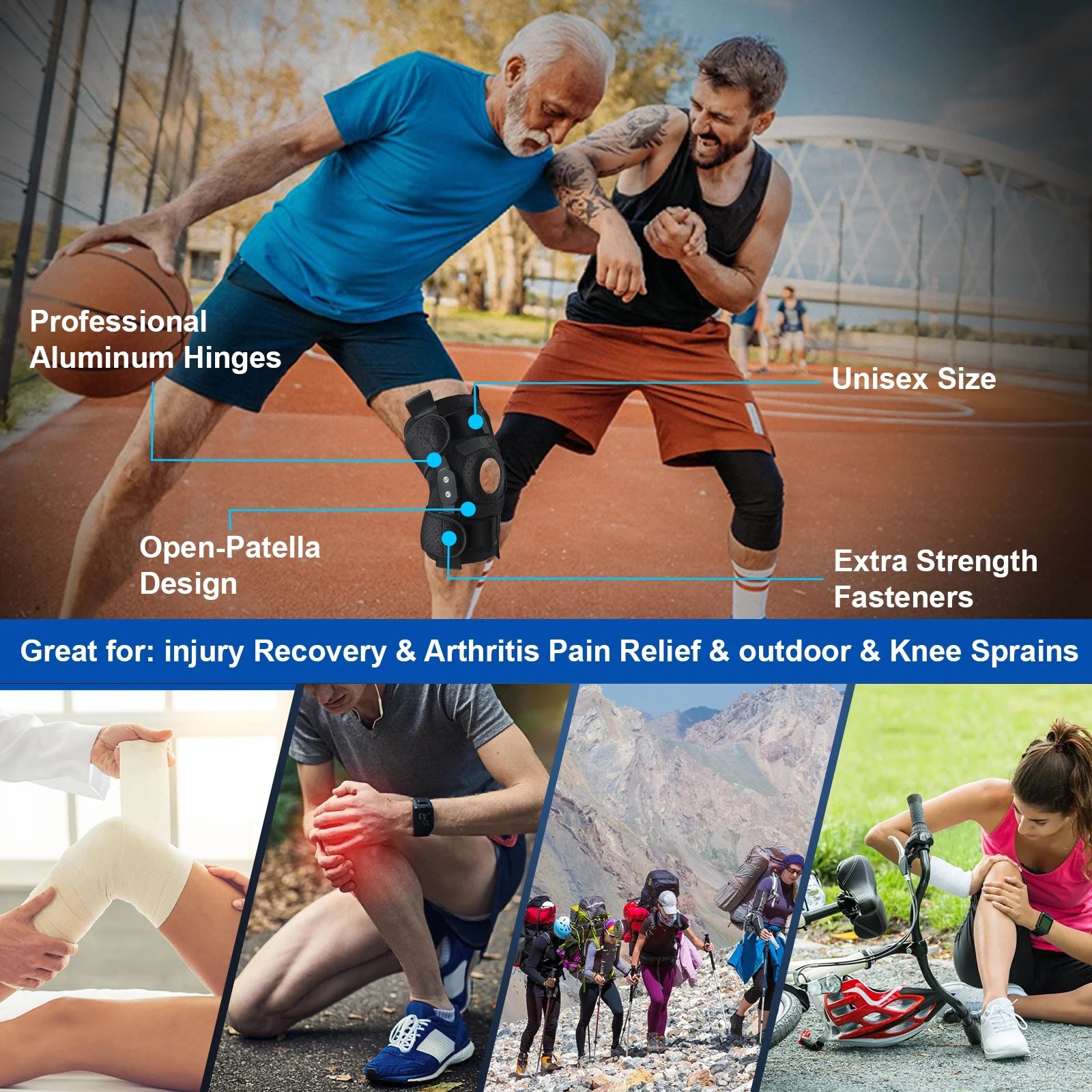 Hinged Knee Brace with Side Stabilizers Adjustable Knee Compression Sleeve Relieves Meniscus Tear,Acl,Mcl,Knee Support and Knee Pain Relief,Men & Women - Black One Size Fits Most