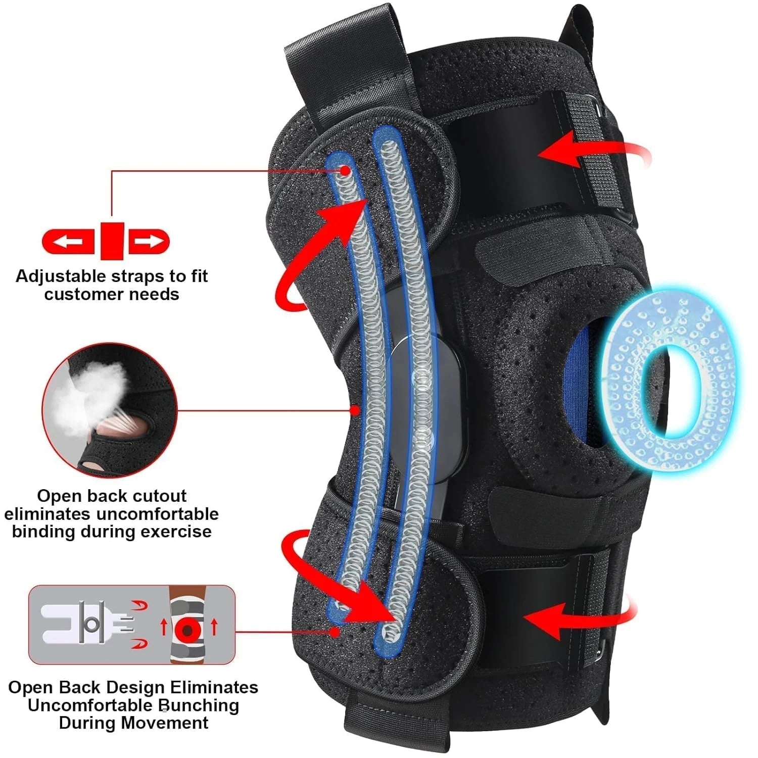 Hinged Knee Brace with Side Stabilizers Adjustable Knee Compression Sleeve Relieves Meniscus Tear,Acl,Mcl,Knee Support and Knee Pain Relief,Men & Women - Black One Size Fits Most