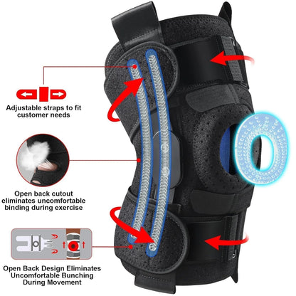 Hinged Knee Brace with Side Stabilizers Adjustable Knee Compression Sleeve Relieves Meniscus Tear,Acl,Mcl,Knee Support and Knee Pain Relief,Men & Women - Black One Size Fits Most